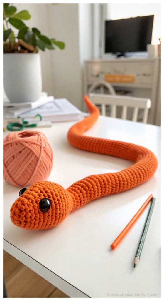 Long orange snake amigurumi crochet toy on craft table with yarn and pencils, beginner friendly snake plush idea