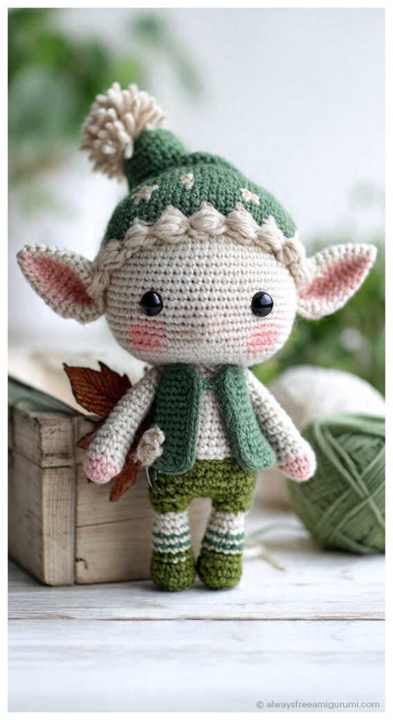 cute christmas elf amigurumi crochet doll handmade elf toy on table