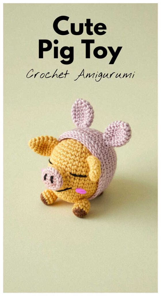Cute pig amigurumi with bow tie standing upright, handmade crochet pig plush toy idea