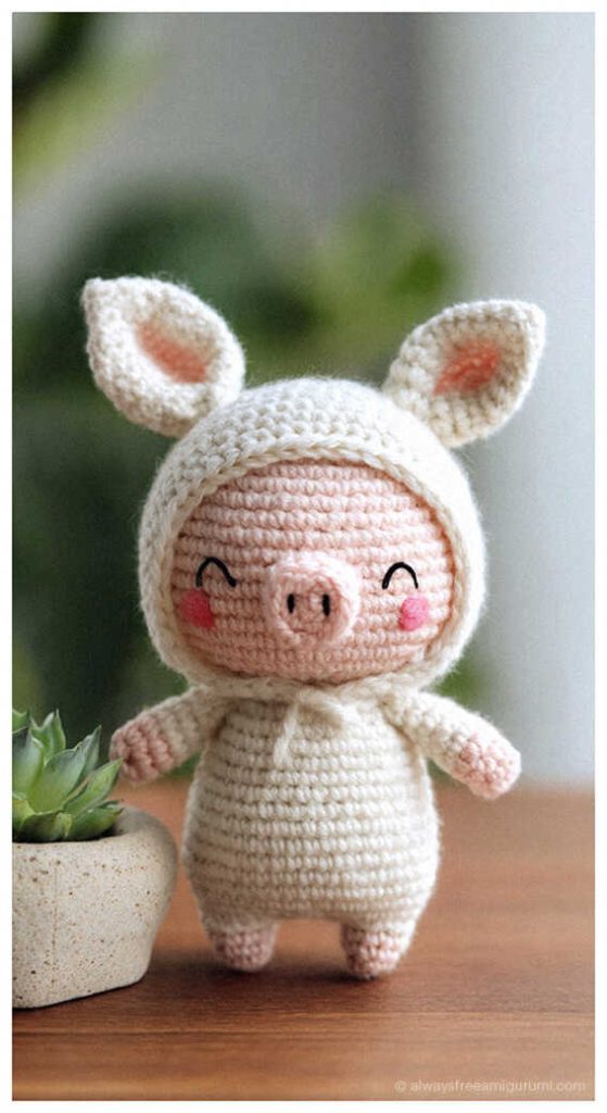 Cute pig amigurumi wearing bunny hood, handmade crochet pig plush toy gift idea