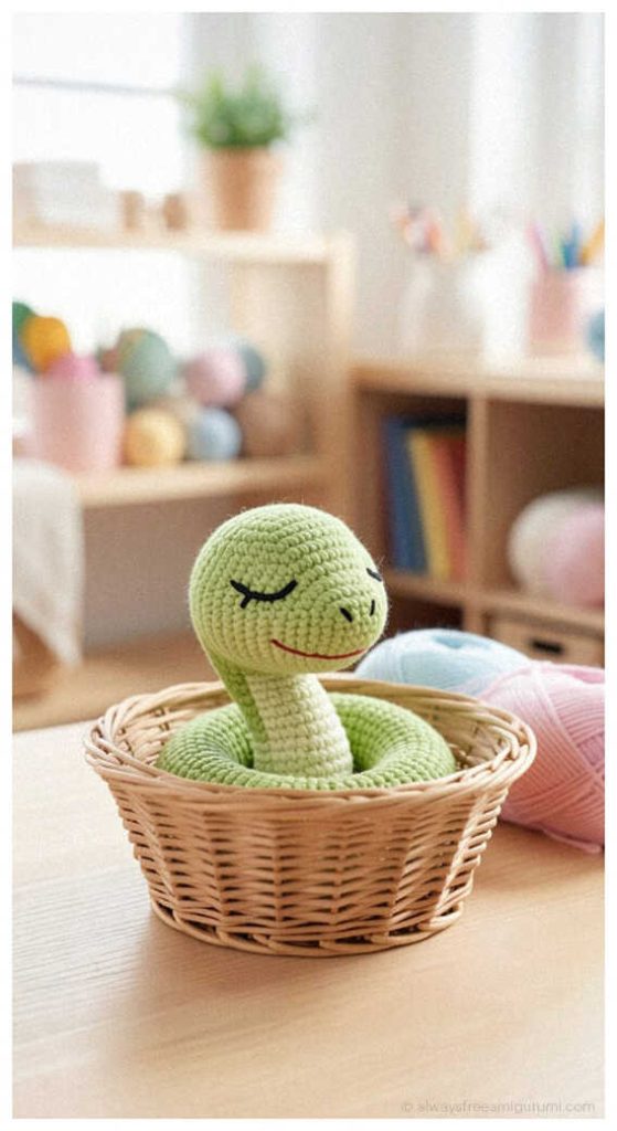Cute green snake amigurumi sitting in a woven basket with yarn balls, nursery friendly crochet snake toy idea