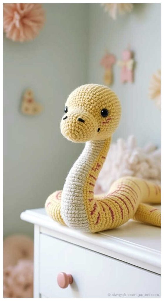 Yellow and cream amigurumi snake with long curved neck on dresser, soft crochet snake decor and toy idea