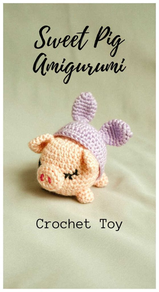 Sweet pig amigurumi crochet toy with bunny hat, adorable handmade pig plush idea
