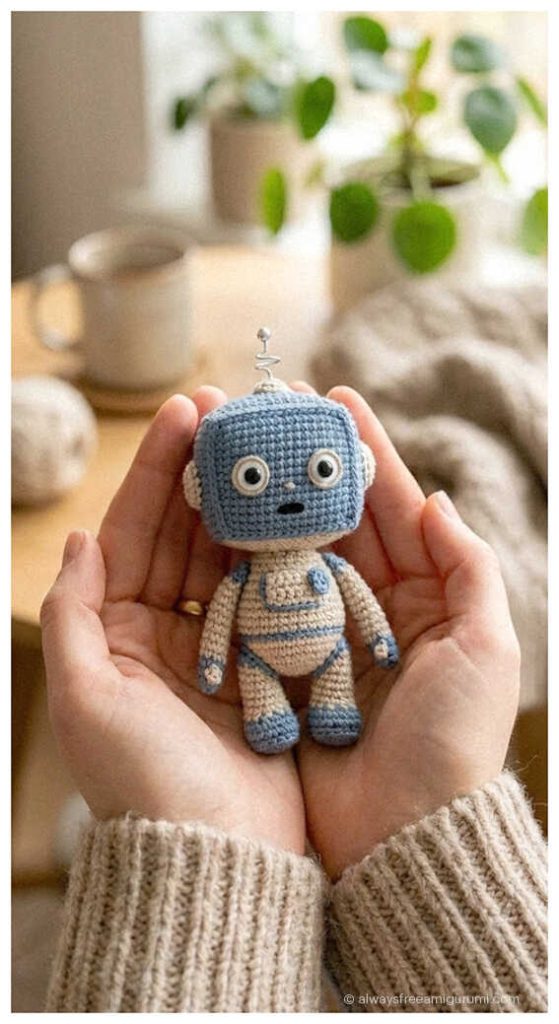 mini robot amigurumi crochet doll cute small handmade robot toy held in hands