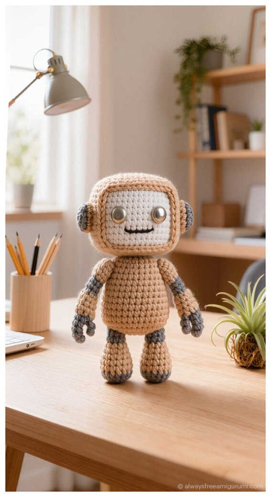 cute robot amigurumi doll crochet toy small handmade robot character on desk