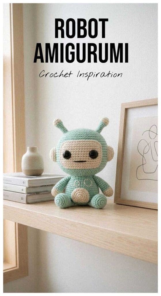 cute robot amigurumi crochet toy small handmade robot doll on shelf