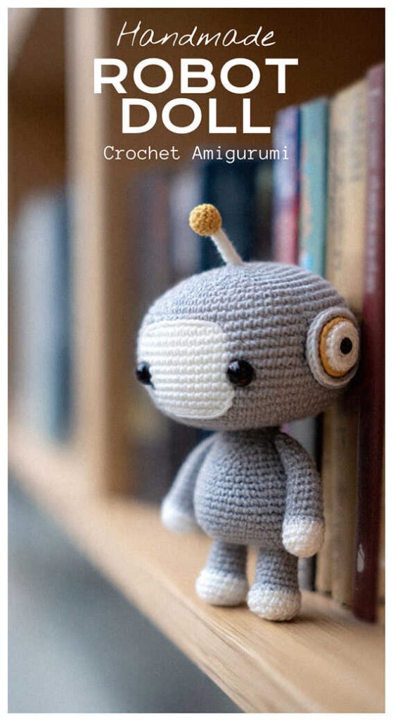 handmade robot doll amigurumi crochet toy cute small robot character on shelf