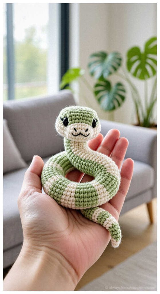 Green and cream striped snake amigurumi coiled in palm, cute handmade crochet snake gift idea