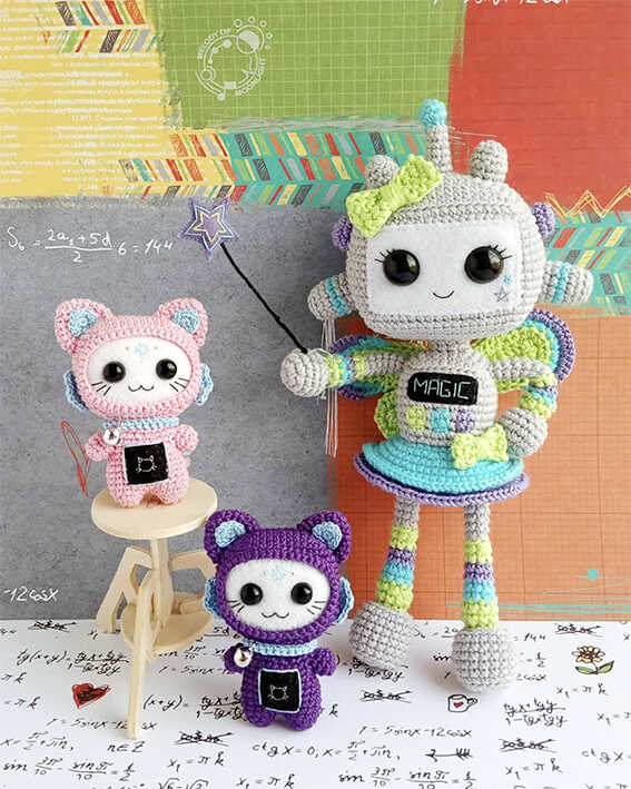 magic robot amigurumi doll with pastel colors and two mini kawaii crochet toys cute handmade set