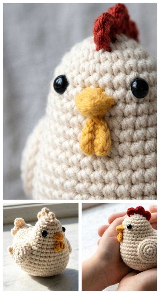 cute chicken amigurumi crochet toy handmade farm bird doll close up face