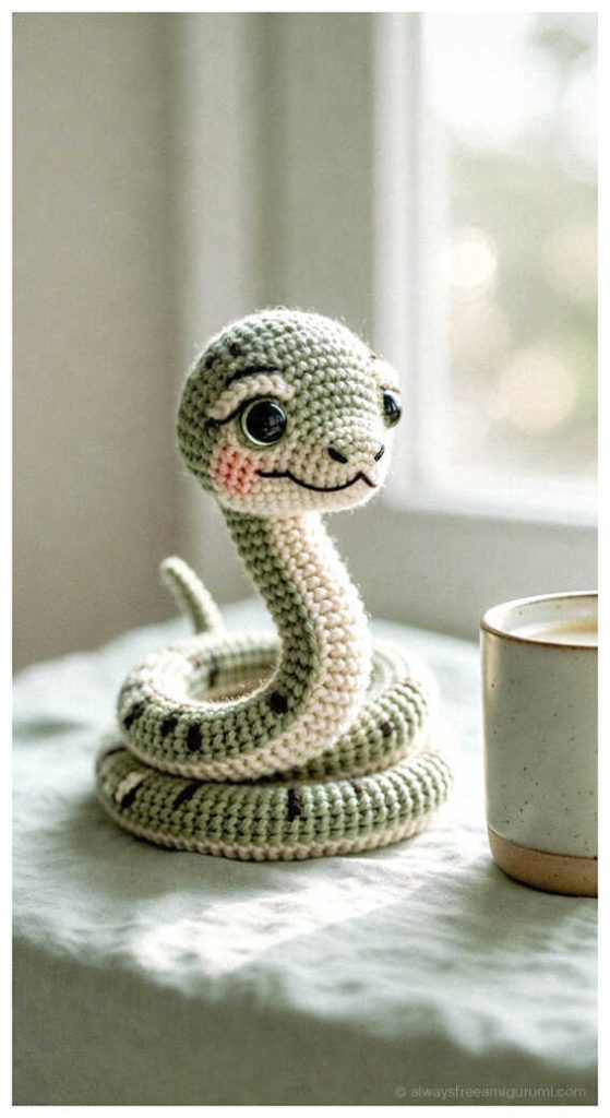 Green coiled snake amigurumi with expressive eyes on cozy table setting, soft crochet snake decor idea