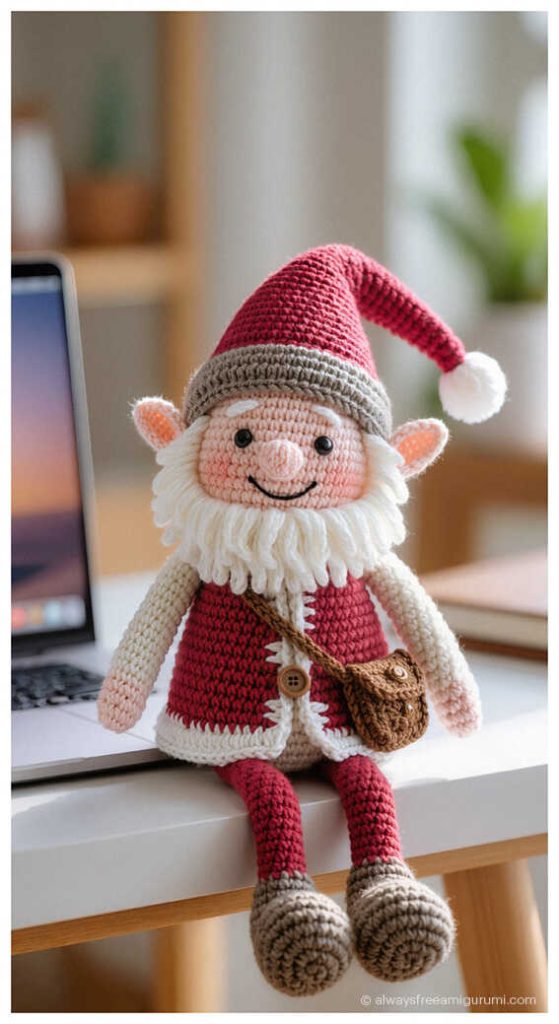 cute santa elf amigurumi crochet doll handmade christmas elf toy on desk