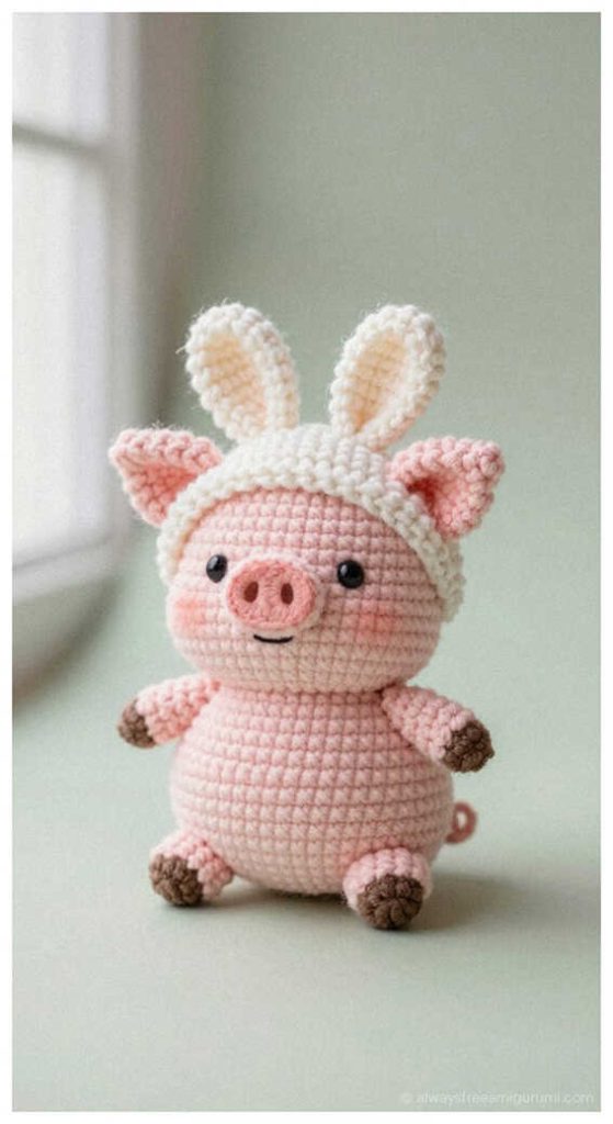 Cute pig amigurumi wearing bunny hat, handmade crochet pig plush toy idea