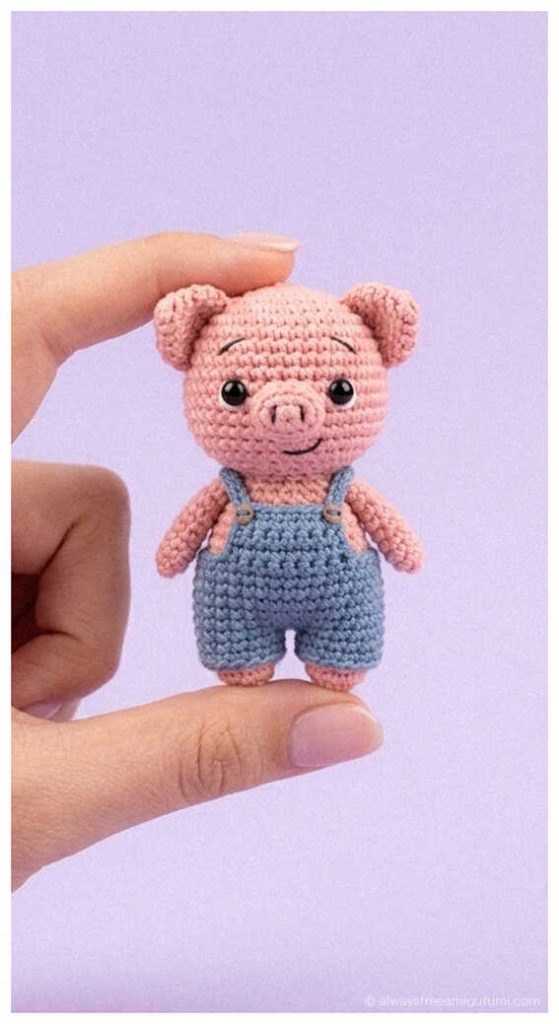 Mini pig amigurumi crochet doll in blue overalls, adorable handmade pig plush toy