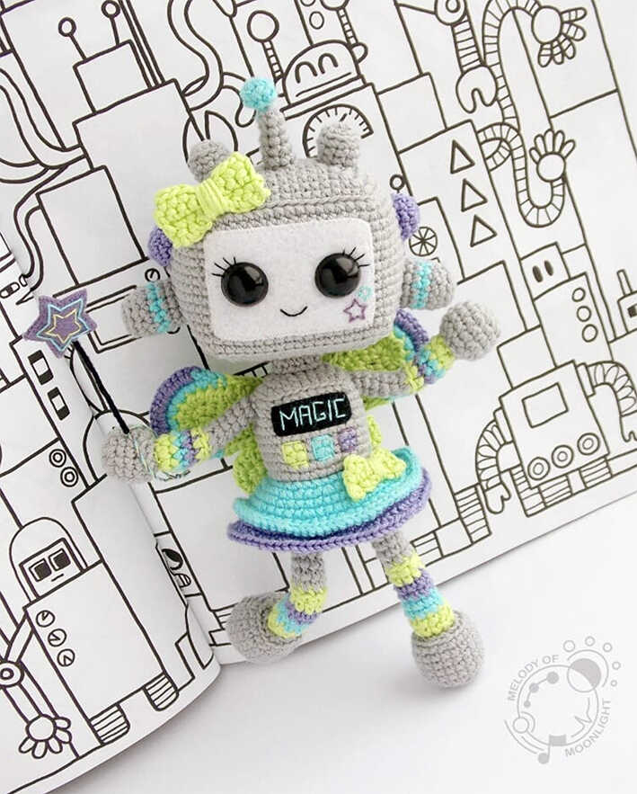 Robot fairy amigurumi crochet doll free pattern with colorful handmade robot details