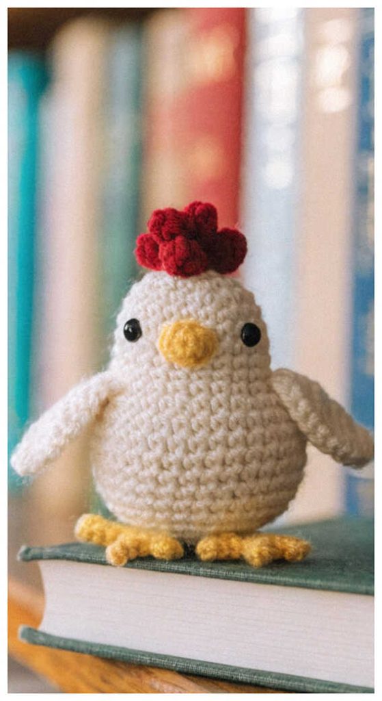 cute chicken amigurumi crochet toy handmade bird doll sitting on books